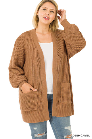 Zenana Low Gage Waffle Knit Open Cardigan Sweater - Plus Size  - Necessities Boutique