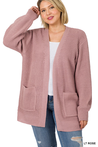 Zenana Low Gage Waffle Knit Open Cardigan Sweater - Plus Size  - Necessities Boutique