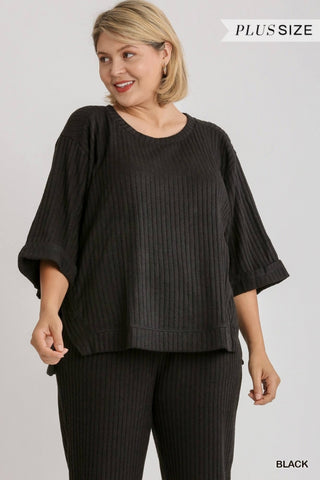 Umgee Ribbed Brushed Knit 3/4 Sleeve Top - Necessities Boutique