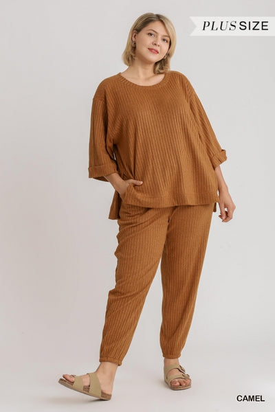 Umgee Ribbed Brushed Knit 3/4 Sleeve Top - Necessities Boutique