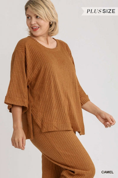 Umgee Ribbed Brushed Knit 3/4 Sleeve Top - Necessities Boutique